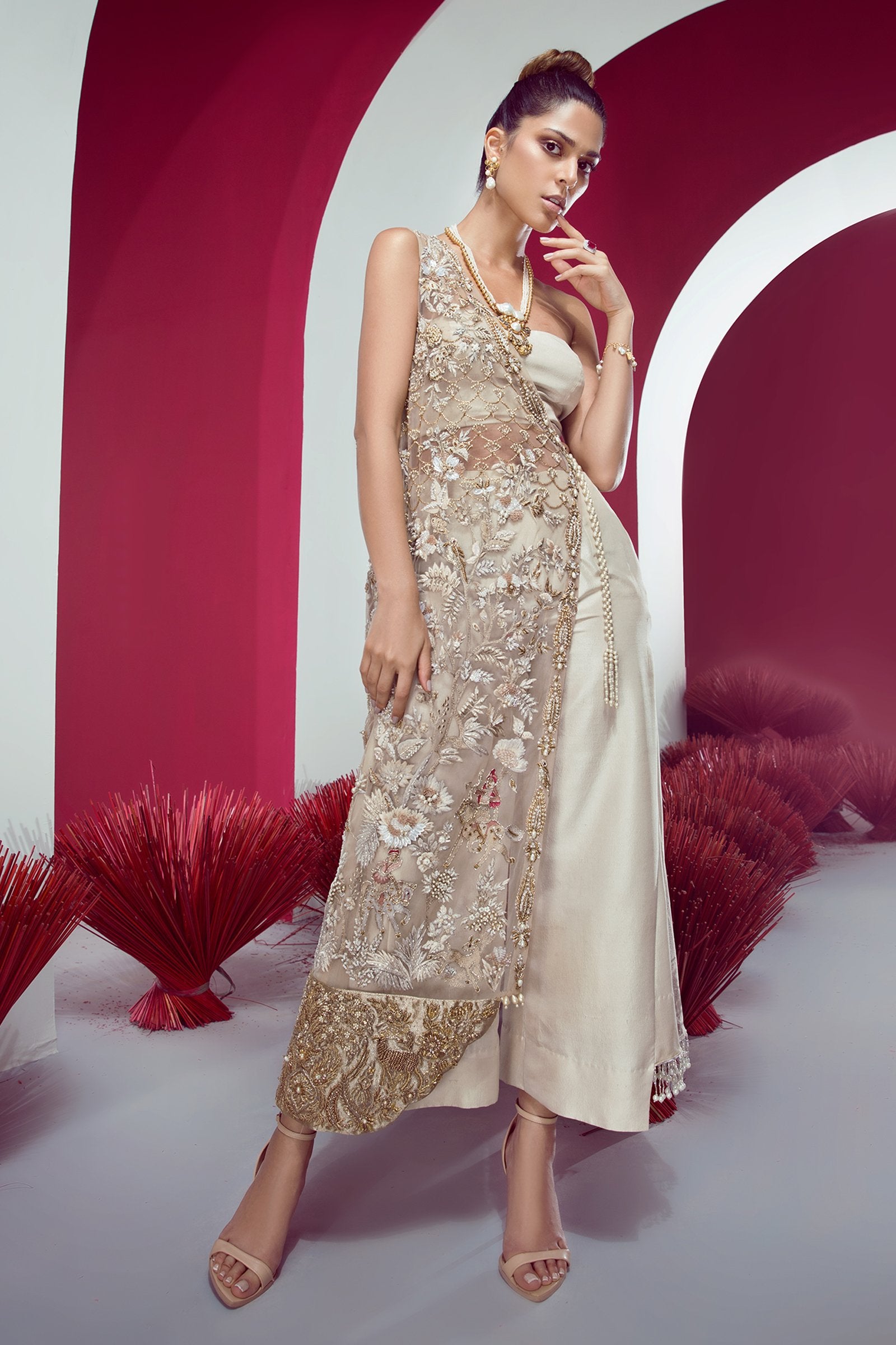 Pakistani Ivory Hand-Embroidered Raw Silk Jacket Set (3-Piece) - Image 1