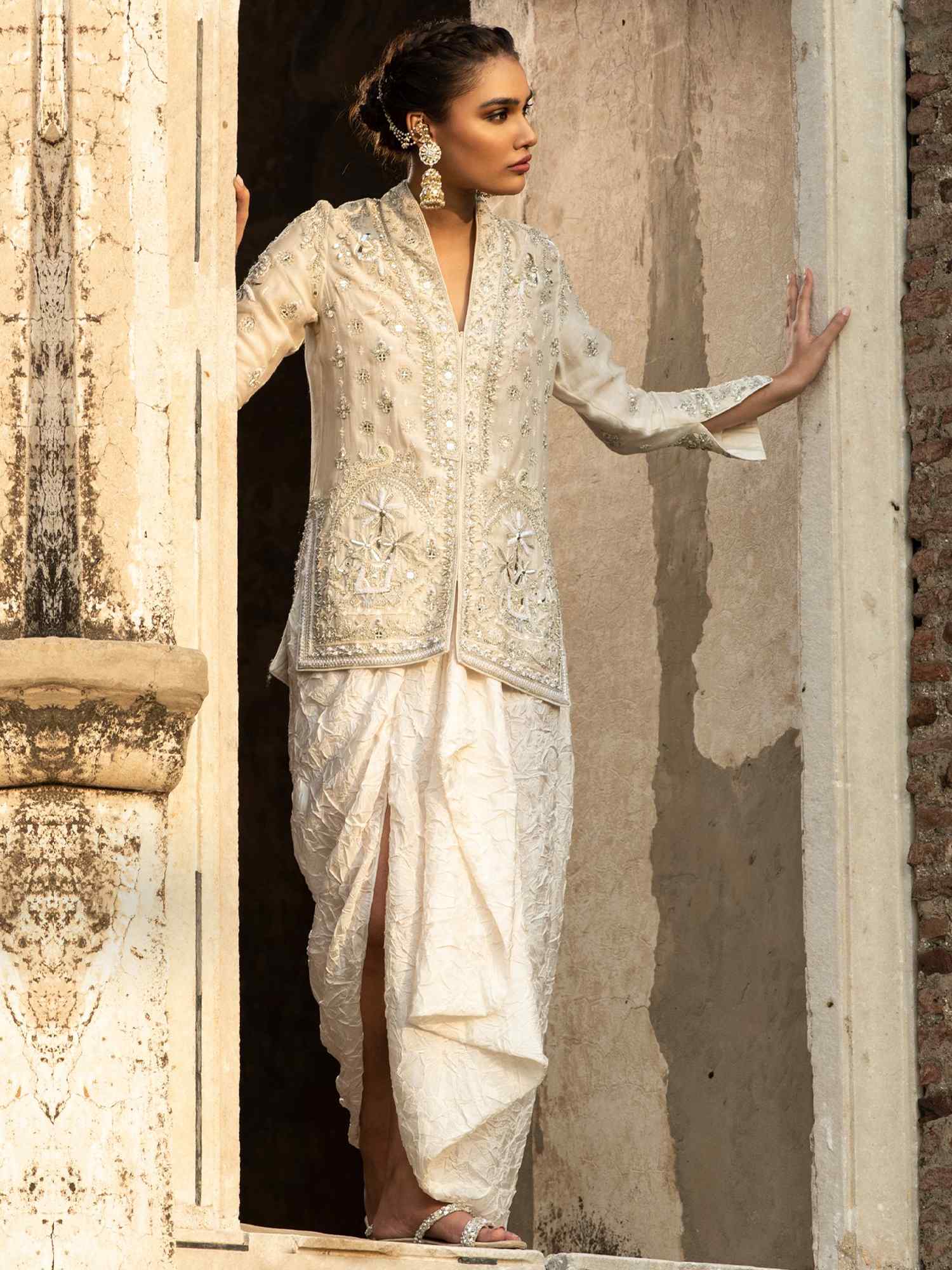 Ivory Embellished Cotton-Silk Jacket & Dhoti Skirt (2-Piece) - Image 1