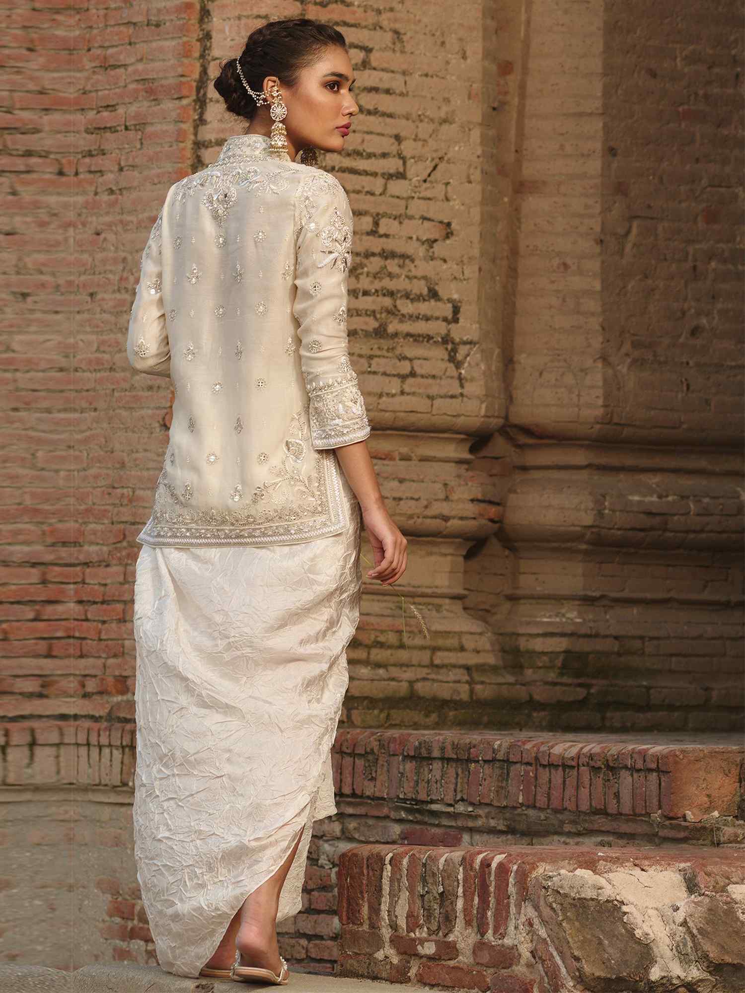 Ivory Embellished Cotton-Silk Jacket & Dhoti Skirt (2-Piece) - Image 2