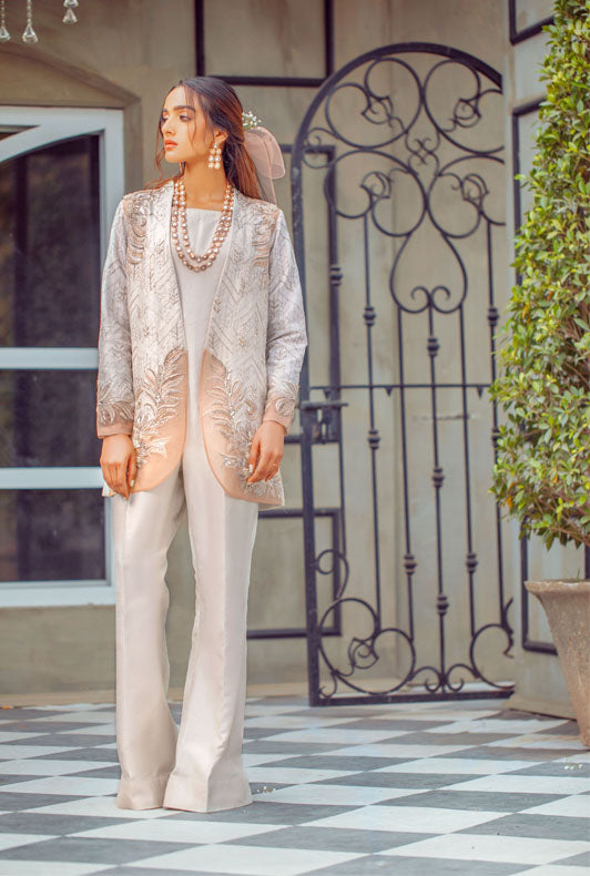 Pakistani Off-White Embroidered Silk Jacket with Jumpsuit (2-Piece) - Image 1
