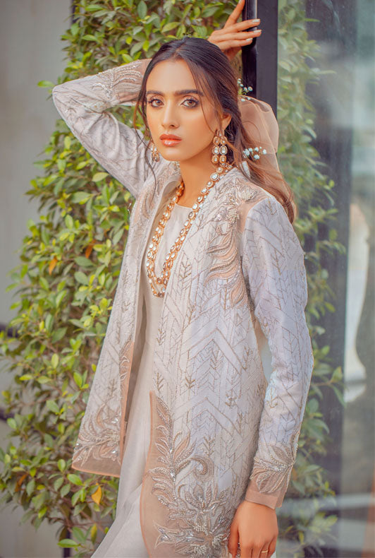 Pakistani Off-White Embroidered Silk Jacket with Jumpsuit (2-Piece) - Image 2