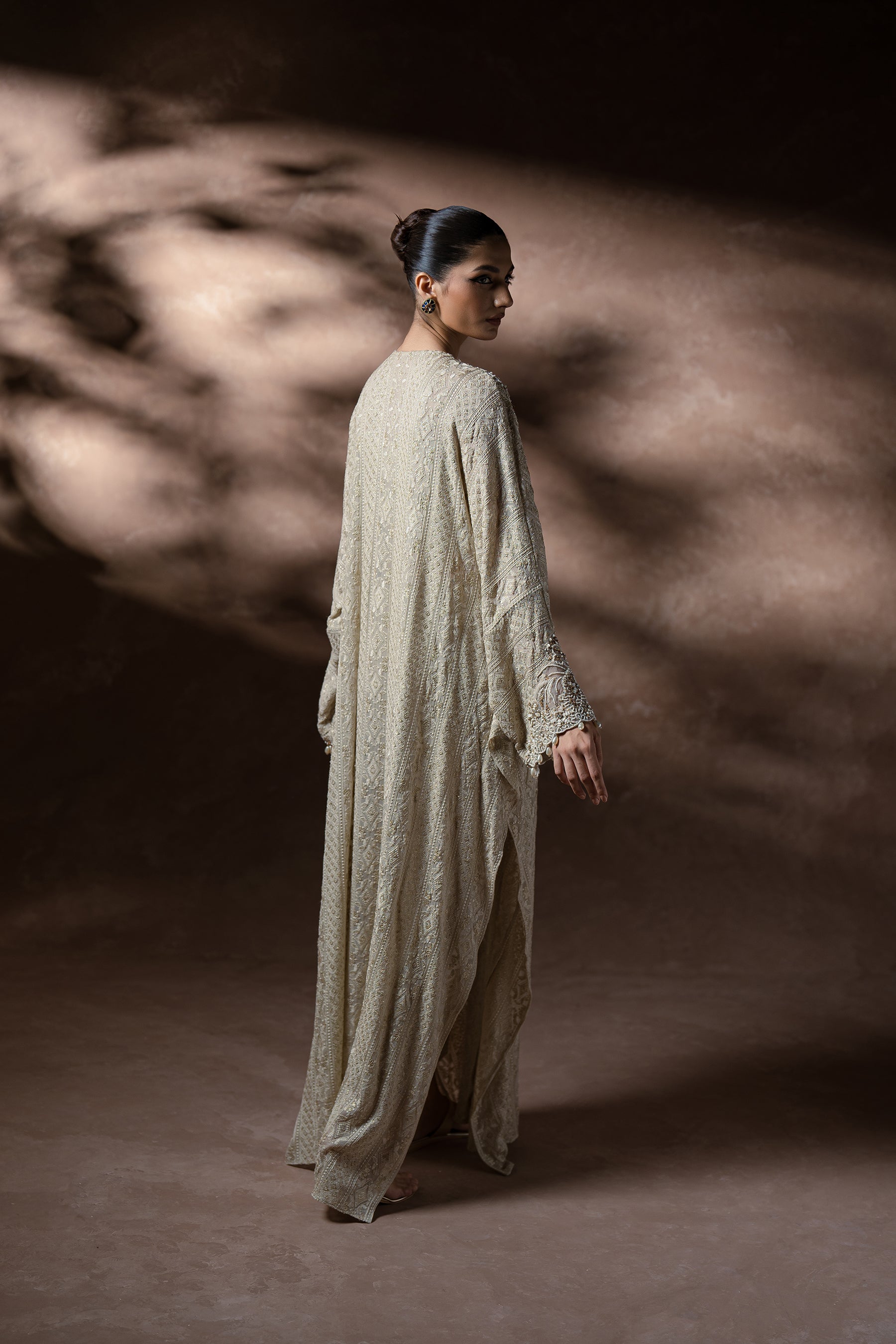 Pakistani Ivory Embroidered Chiffon Kaftan Set (3-Piece) - Image 3