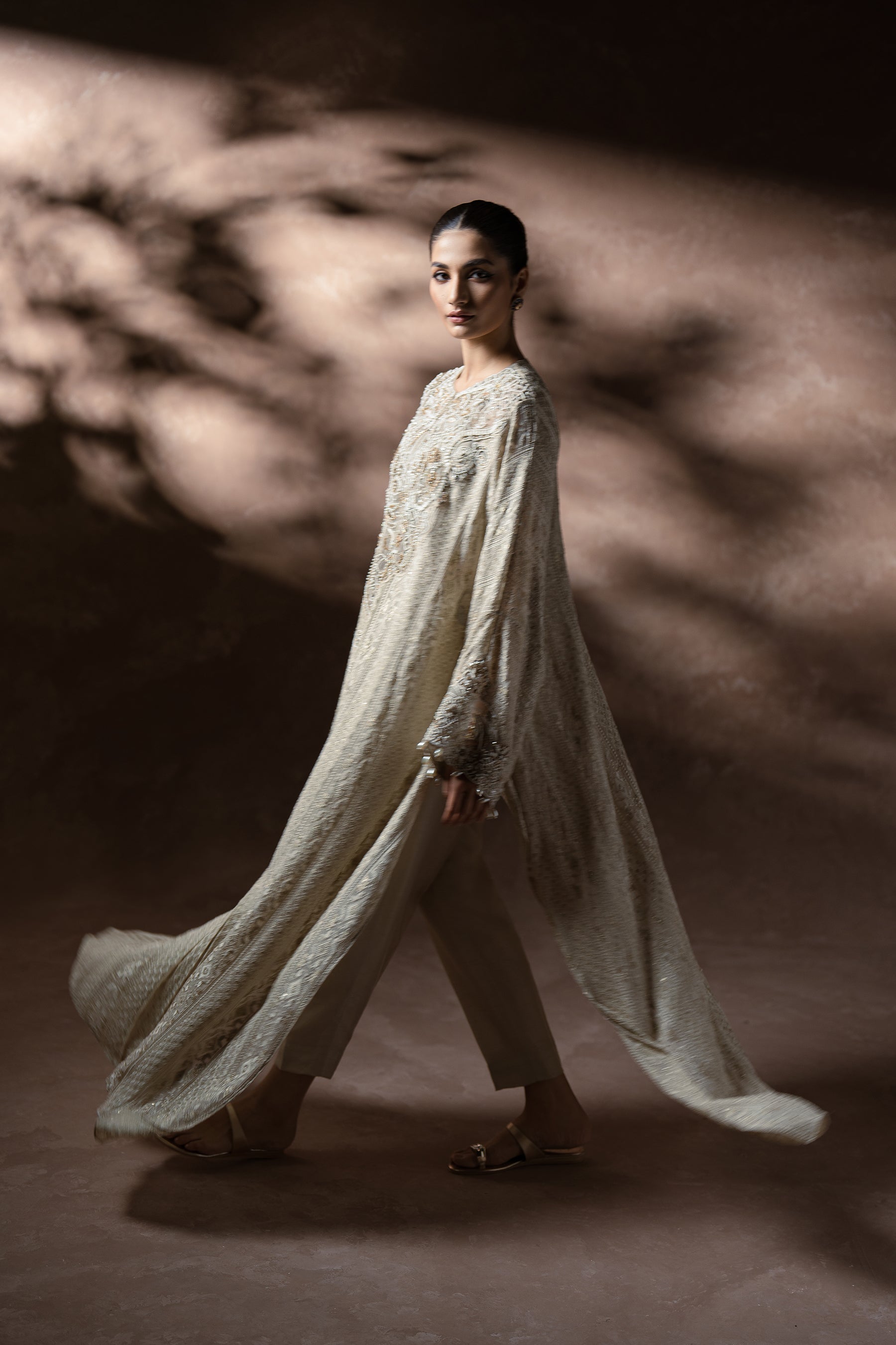 Pakistani Ivory Chikankari Embroidered Chiffon Kaftan (3-Piece) - Image 5