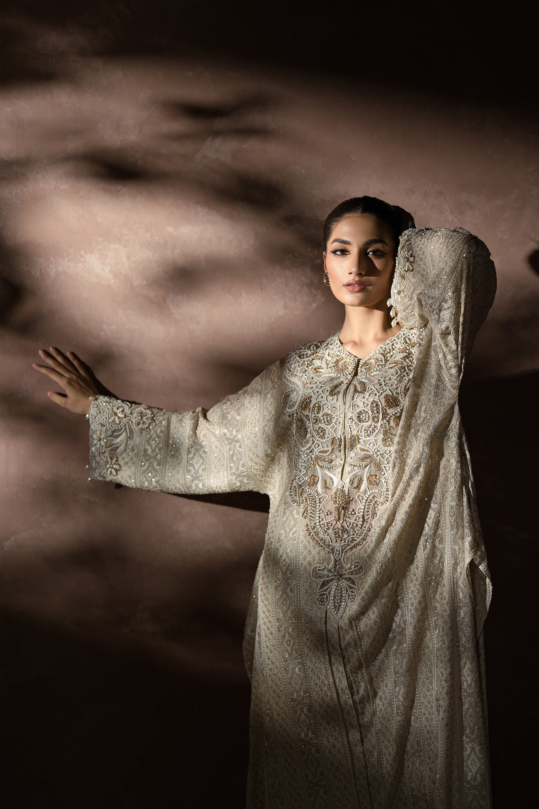 Pakistani Ivory Chikankari Embroidered Chiffon Kaftan (3-Piece) - Image 6