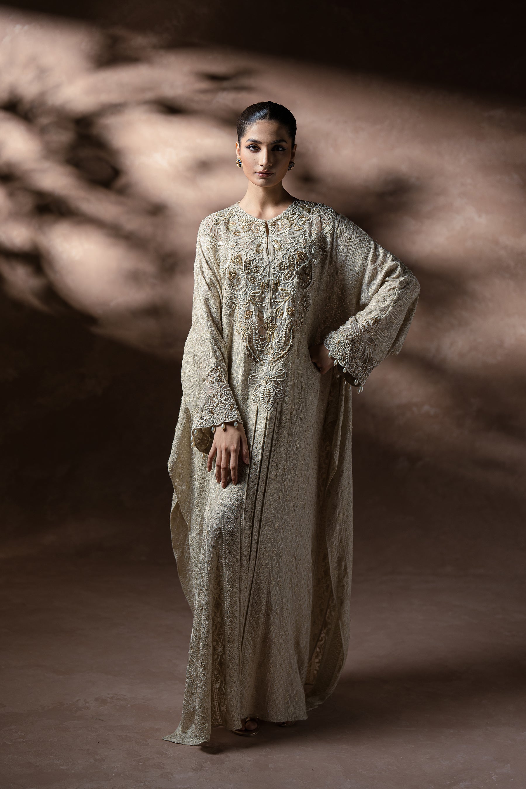 Pakistani Ivory Embroidered Chiffon Kaftan Set (3-Piece) - Image 1