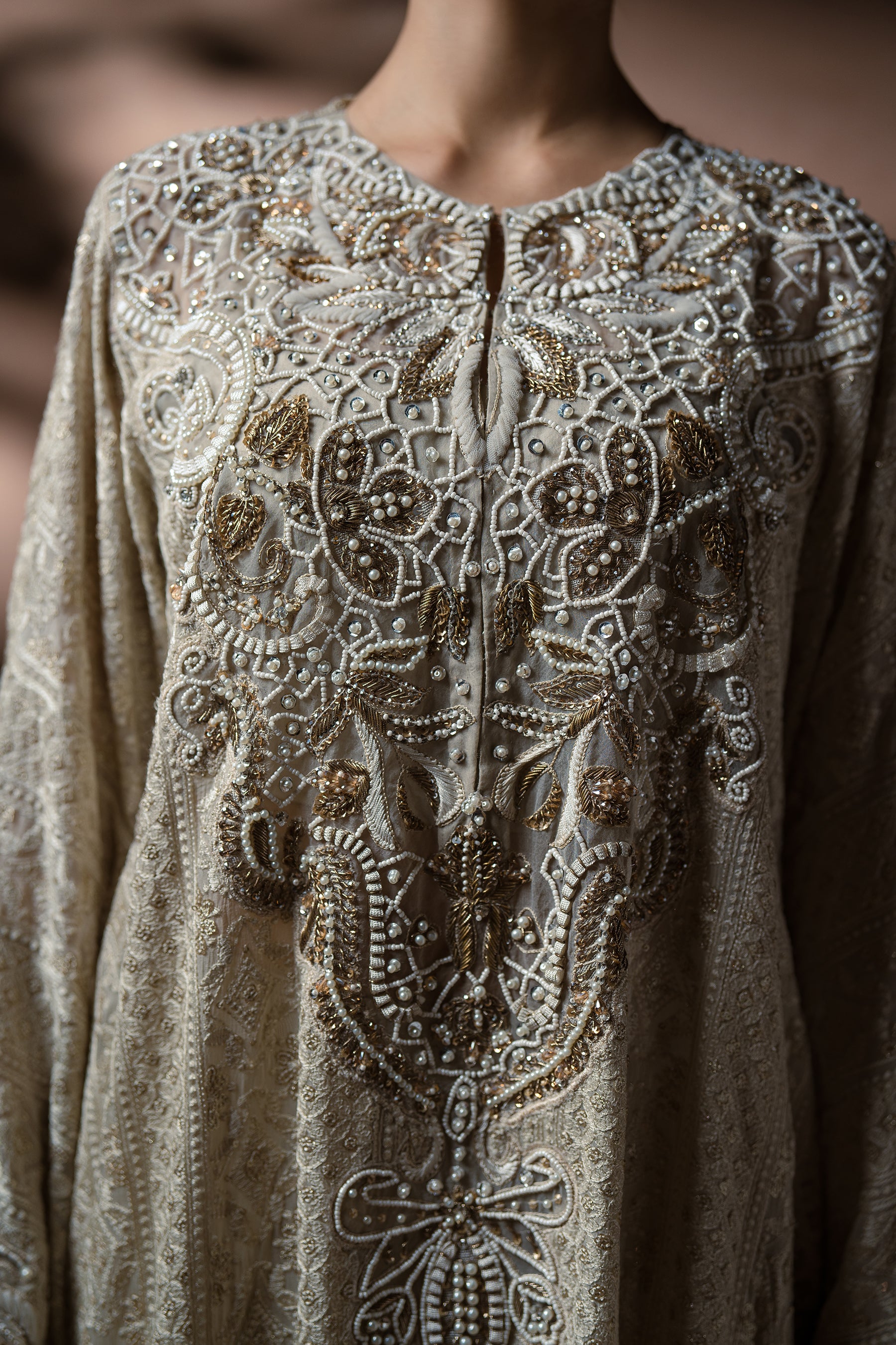 Pakistani Ivory Embroidered Chiffon Kaftan Set (3-Piece) - Image 7