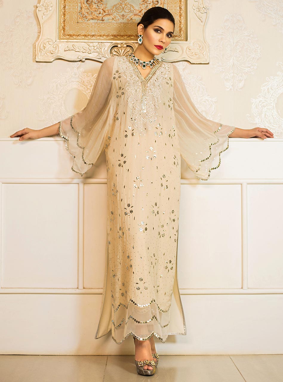 Ivory Mukaish Embroidered Chiffon Kaftan (2-Piece) - Image 1
