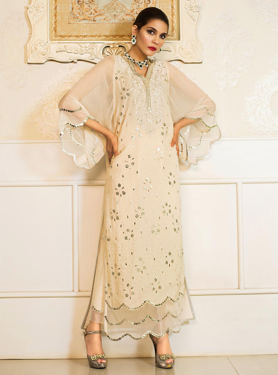 Ivory Mukaish Embroidered Chiffon Kaftan (2-Piece) - Image 2