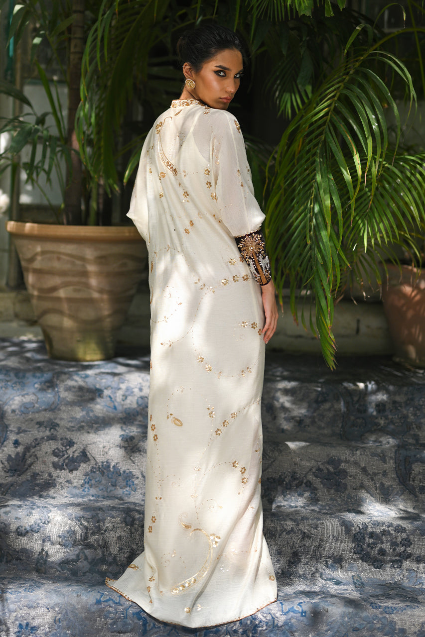 Ivory Embroidered Cotton Net Kaftan (1-Pc) - Image 3