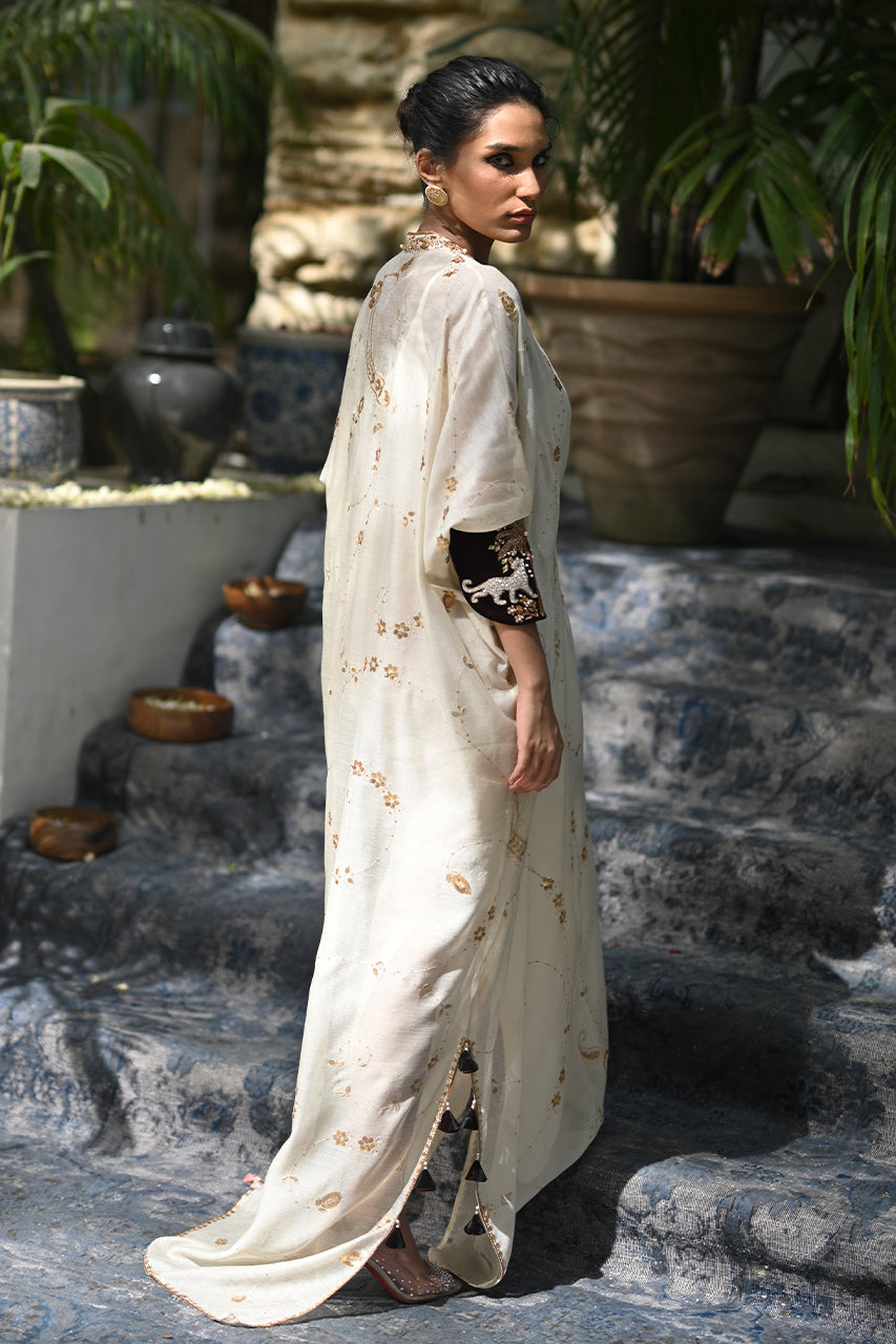 Ivory Embroidered Cotton Net Kaftan (1-Pc) - Image 4