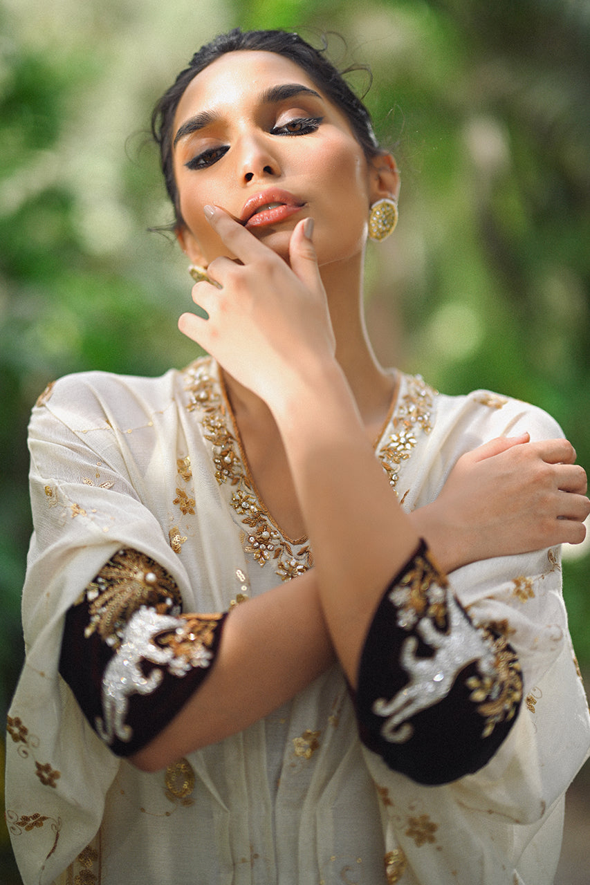 Ivory Embroidered Cotton Net Kaftan (1-Pc) - Image 6