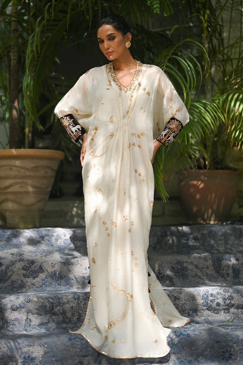 Ivory Embroidered Cotton Net Kaftan (1-Pc) - Image 1