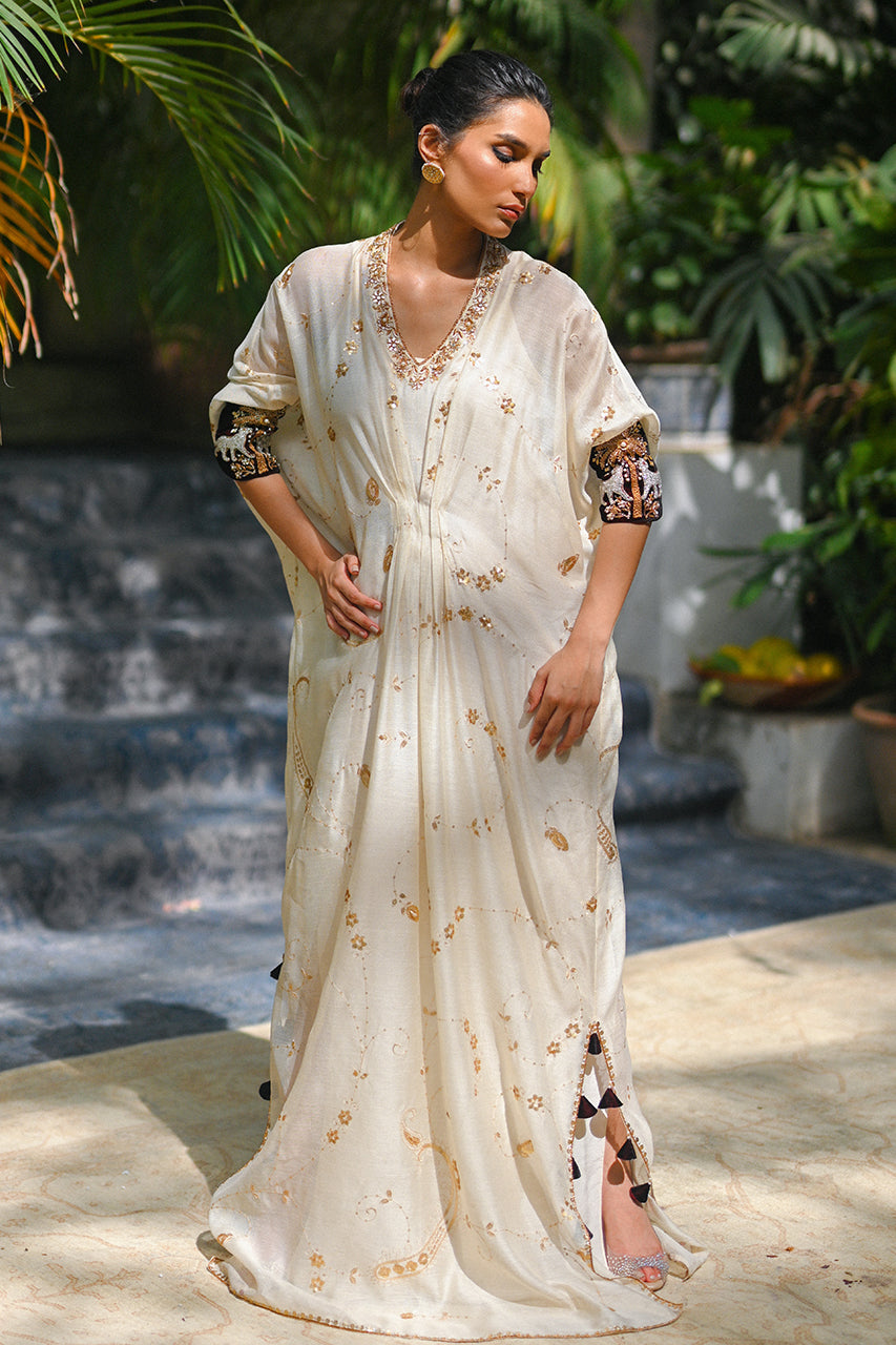 Ivory Embroidered Cotton Net Kaftan (1-Pc) - Image 2