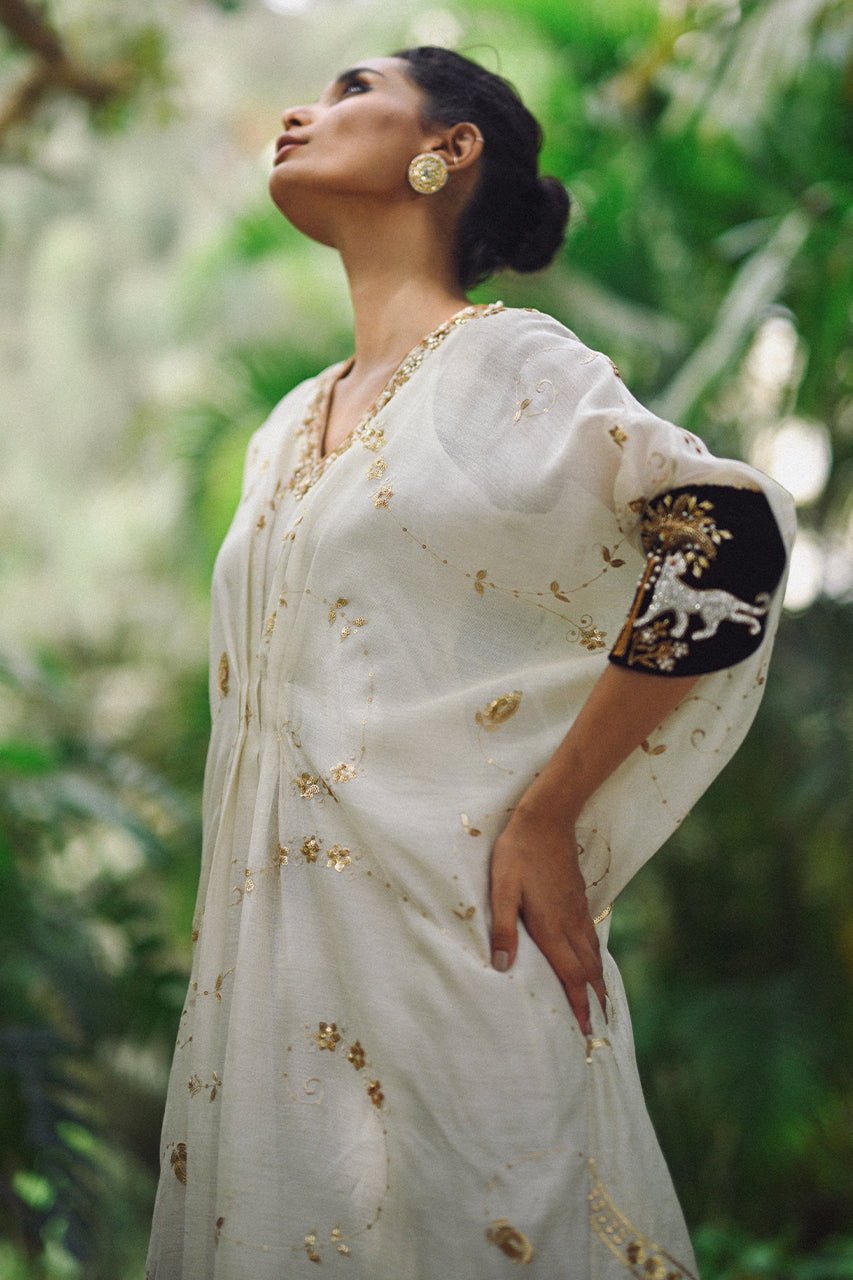 Ivory Embroidered Cotton Net Kaftan (1-Pc) - Image 5