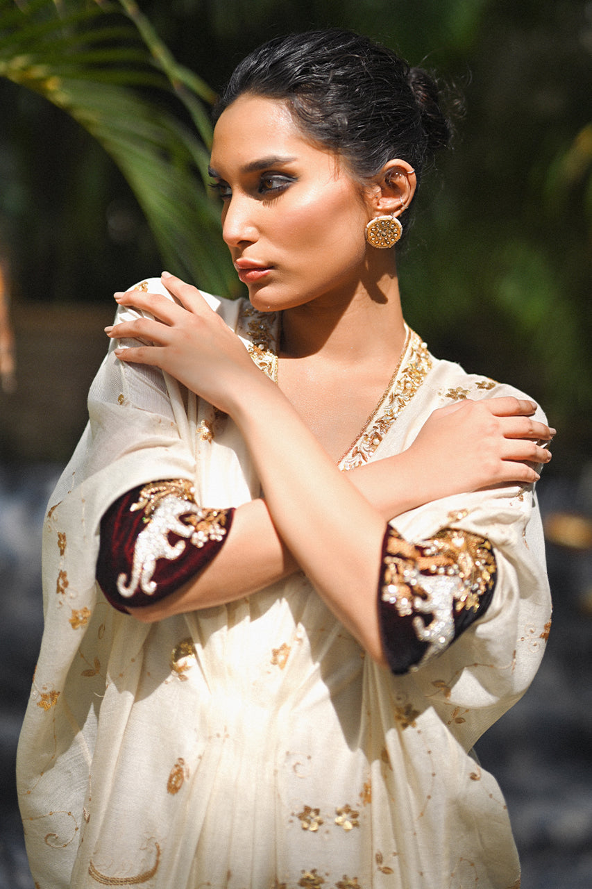 Ivory Embroidered Cotton Net Kaftan (1-Pc) - Image 7