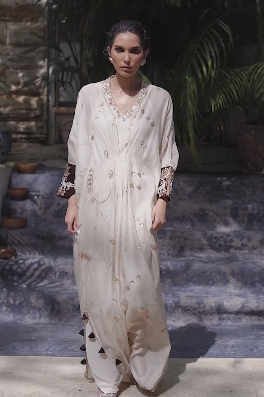 Ivory Embroidered Cotton Net Kaftan (1-Pc) - Image 8