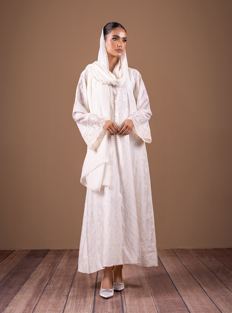 Pakistani Ivory Embroidered Cotton Silk Kaftan (2-Piece) - Image 1