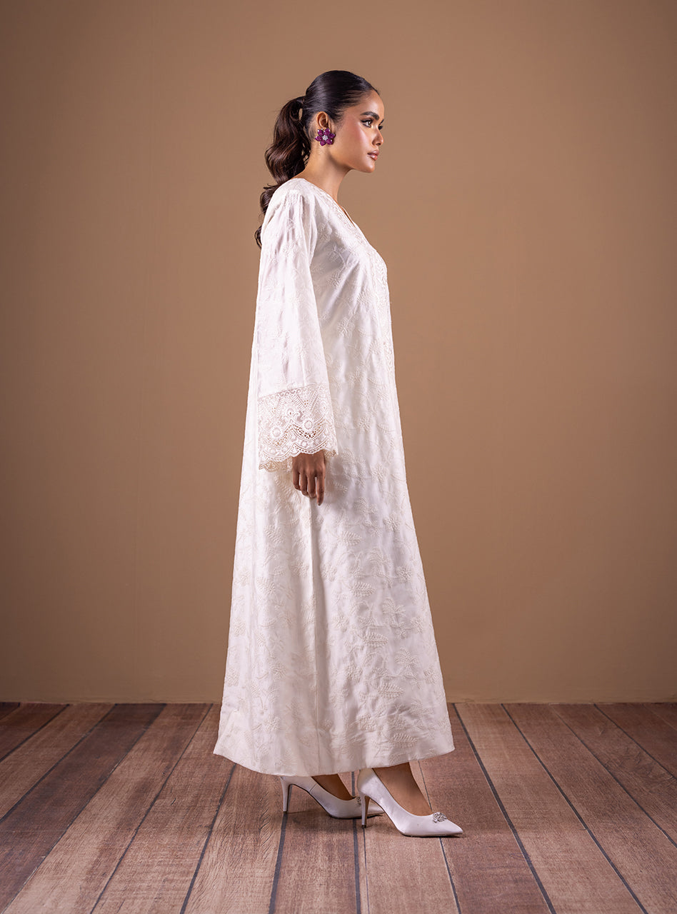 Pakistani Ivory Embroidered Cotton Silk Kaftan (2-Piece) - Image 4
