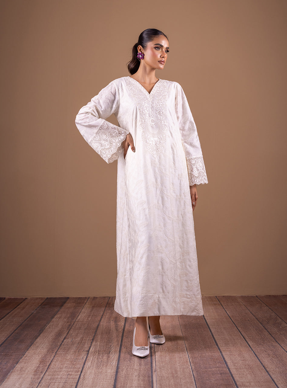 Pakistani Ivory Embroidered Cotton Silk Kaftan (2-Piece) - Image 5