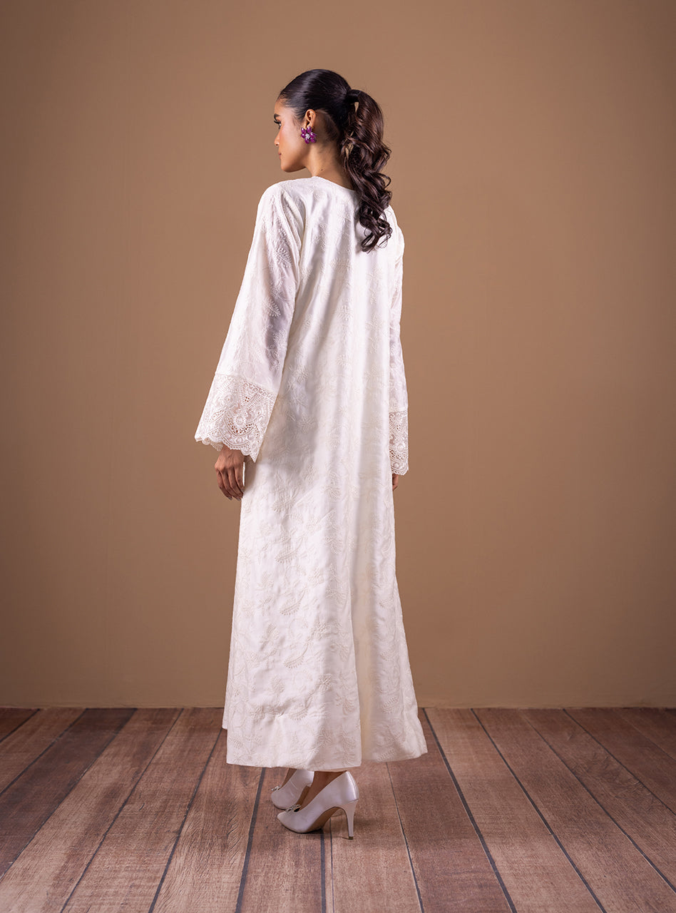 Pakistani Ivory Embroidered Cotton Silk Kaftan (2-Piece) - Image 3