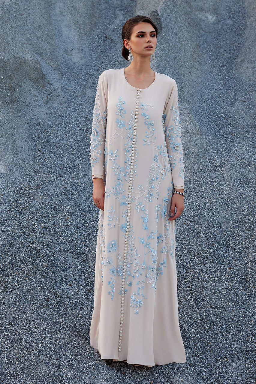 Almond White Embroidered Crepe Silk Kaftan (2-Piece) - Image 1