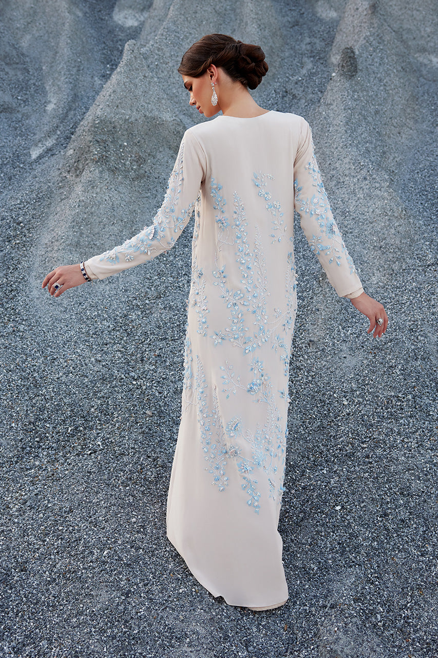 Almond White Embroidered Crepe Silk Kaftan (2-Piece) - Image 2