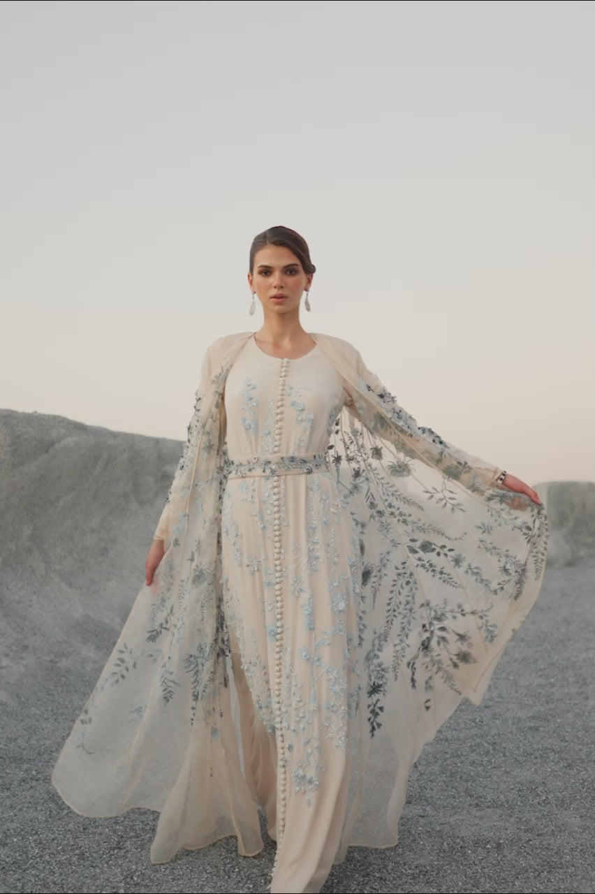 Almond White Embroidered Crepe Silk Kaftan (2-Piece) - Image 4