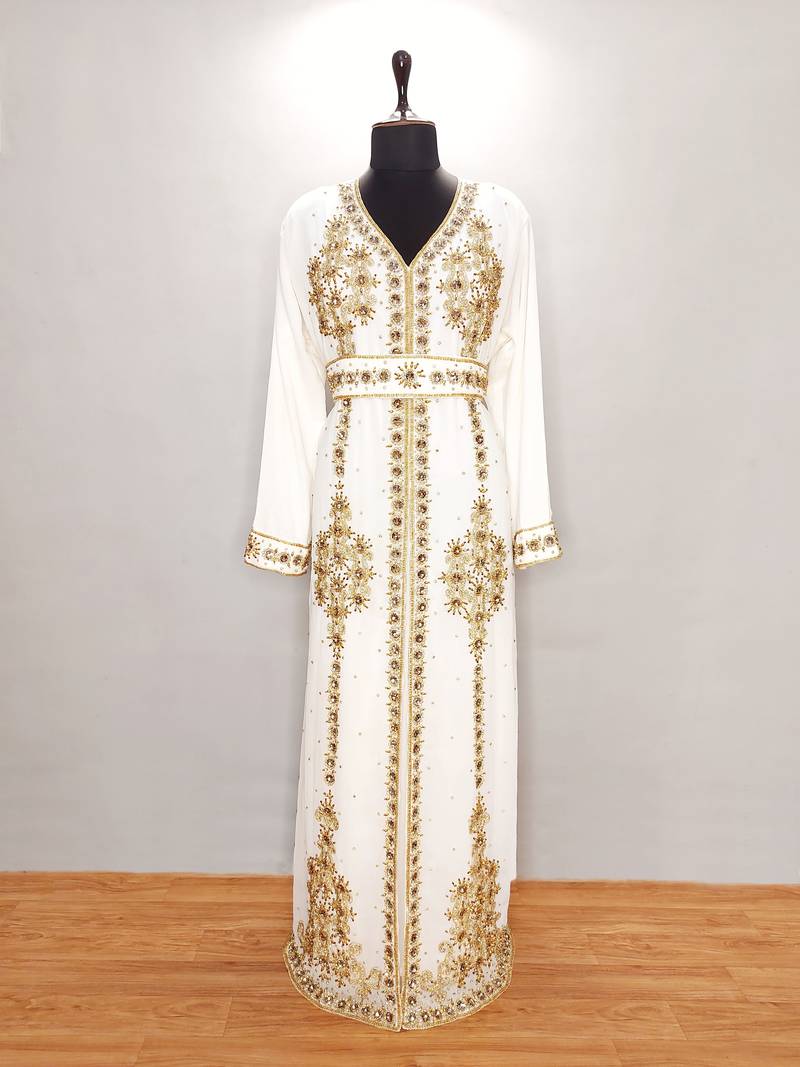 Off-White Hand-Embroidered Georgette Moroccan Kaftan (2-Piece) - Image 1