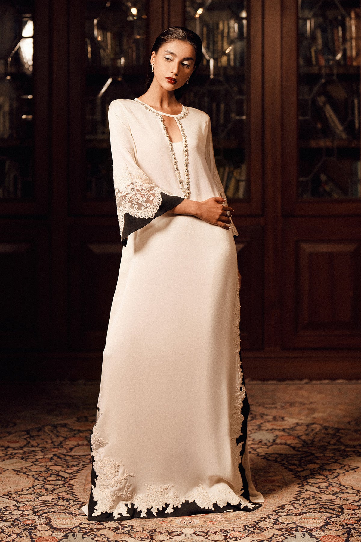 Pakistani Off-White Pearl Embellished Georgette Kaftan (2-Piece) - Image 1