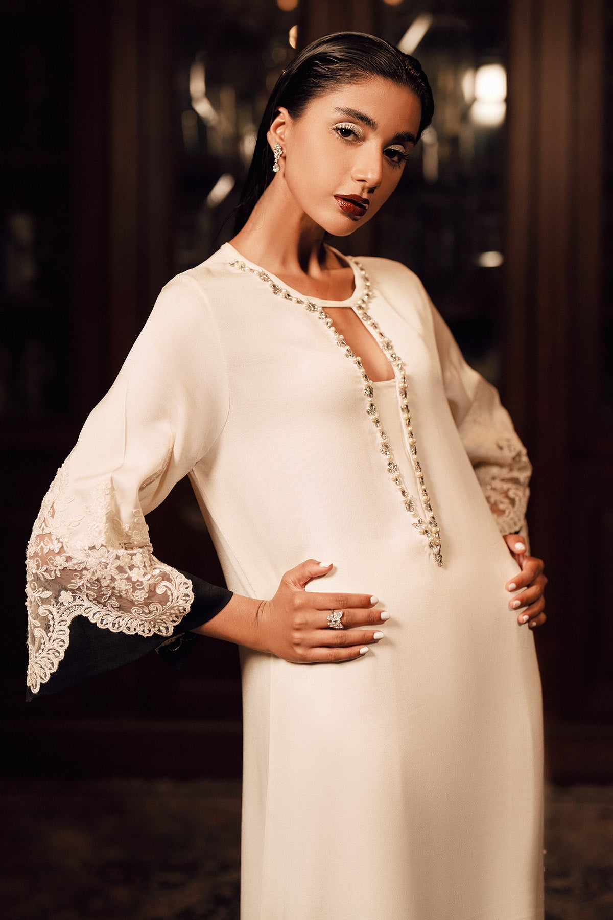 Pakistani Off-White Pearl Embellished Georgette Kaftan (2-Piece) - Image 2