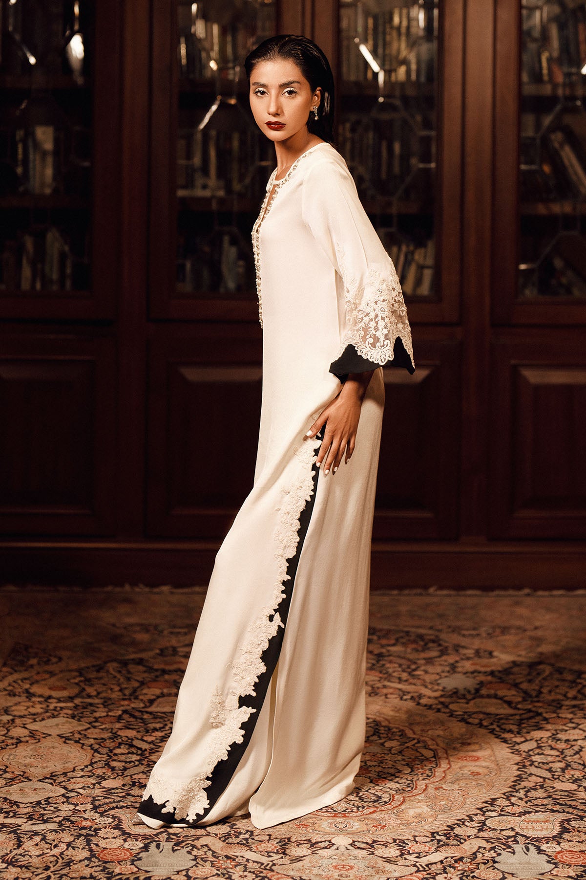 Pakistani Off-White Pearl Embellished Georgette Kaftan (2-Piece) - Image 3