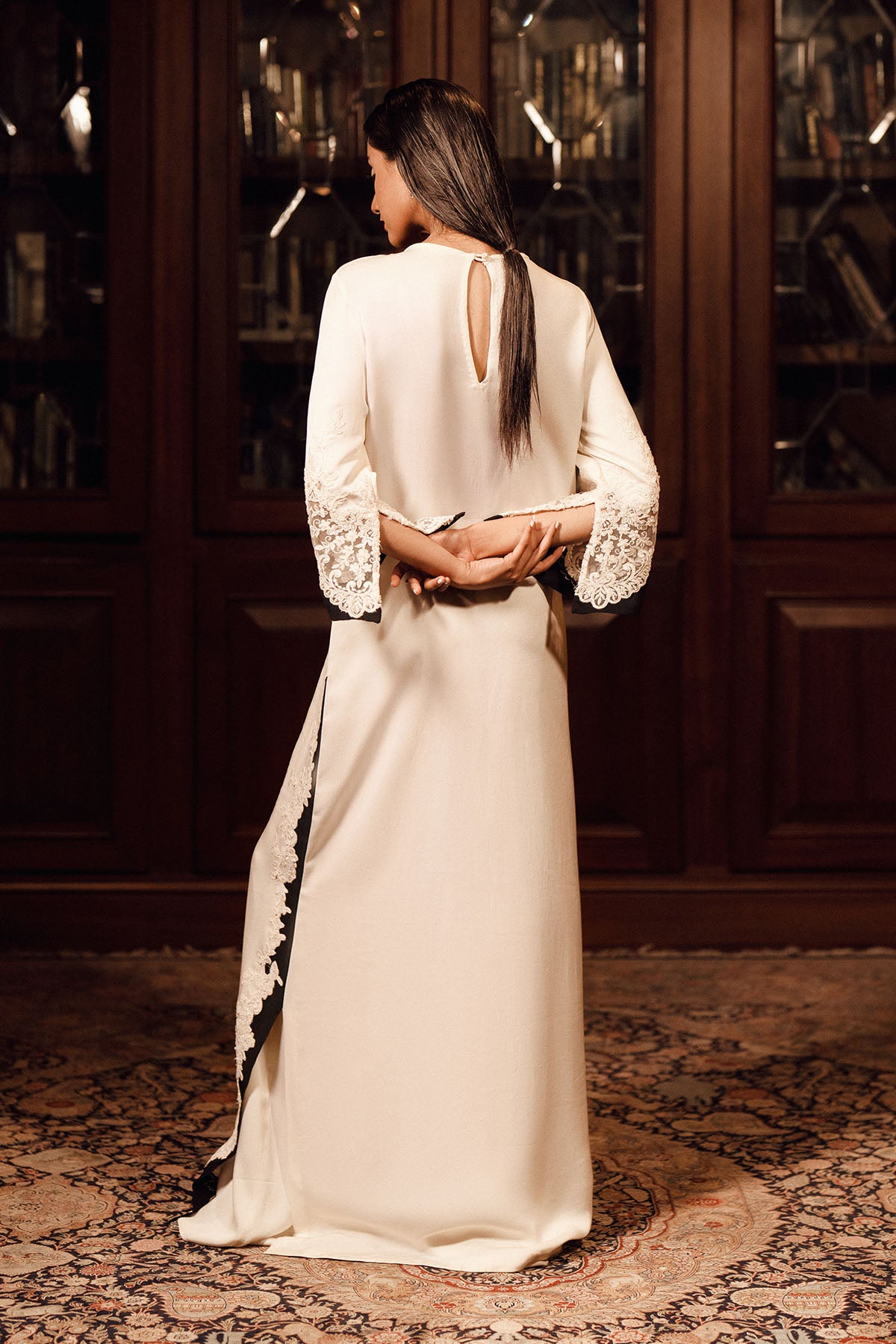 Pakistani Off-White Pearl Embellished Georgette Kaftan (2-Piece) - Image 4