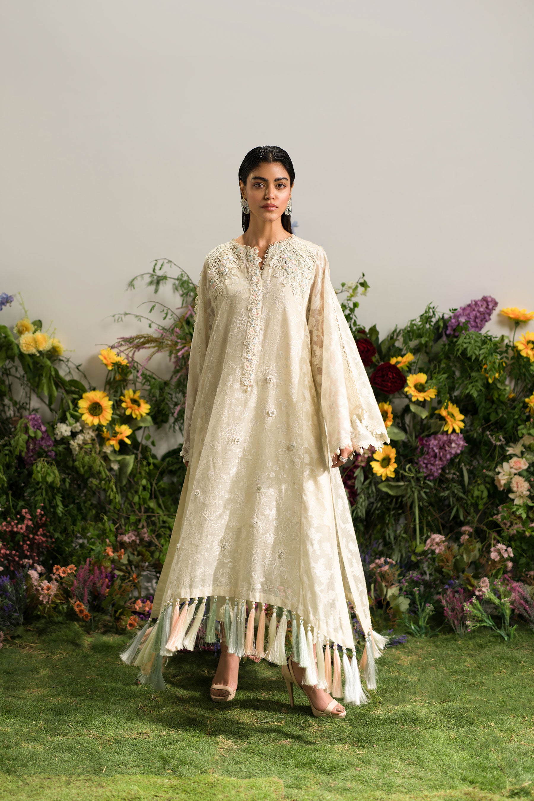 Ivory Hand-Embellished Khaddi Net Kaftan (3-Piece) - Image 2