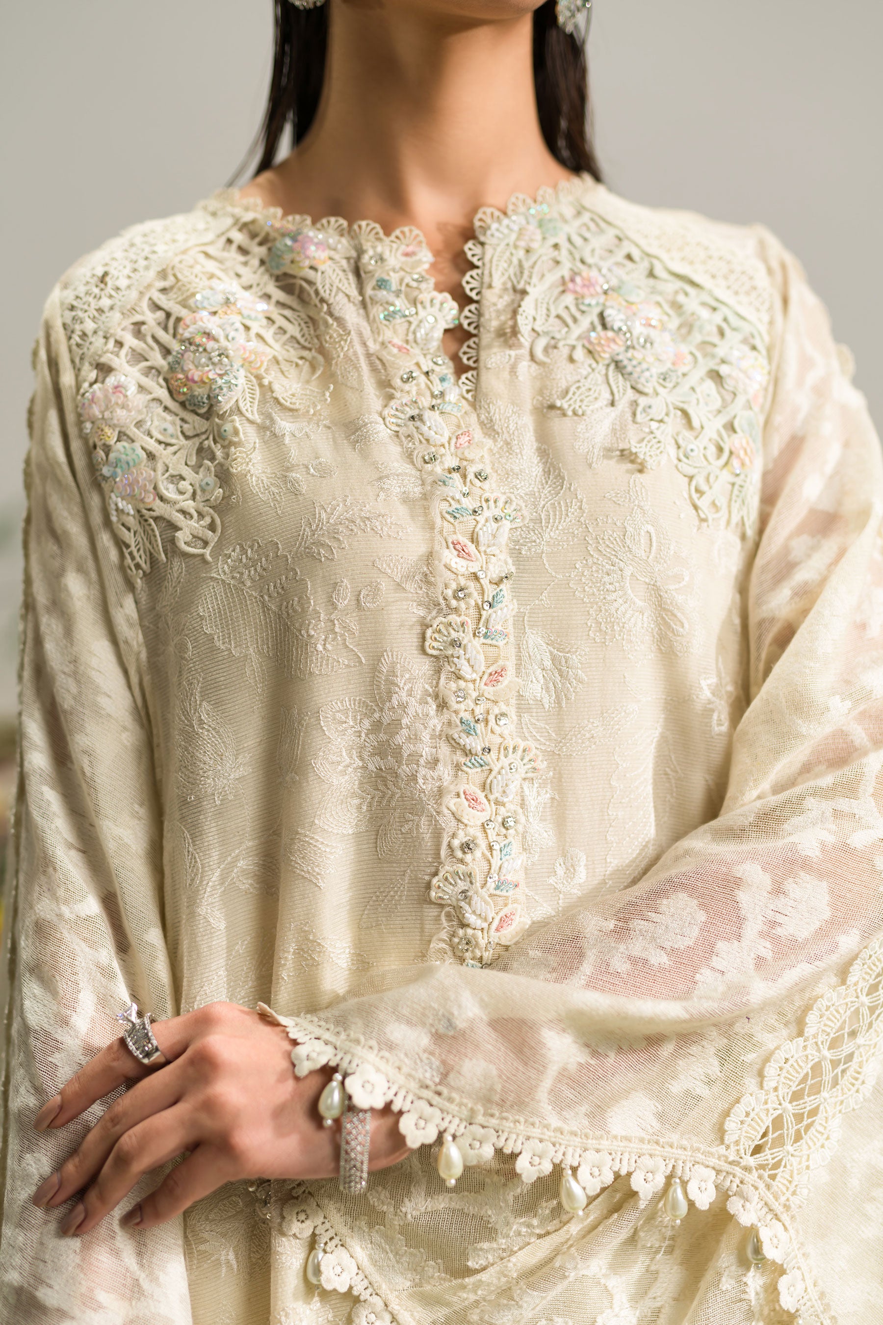 Ivory Hand-Embellished Khaddi Net Kaftan (3-Piece) - Image 3