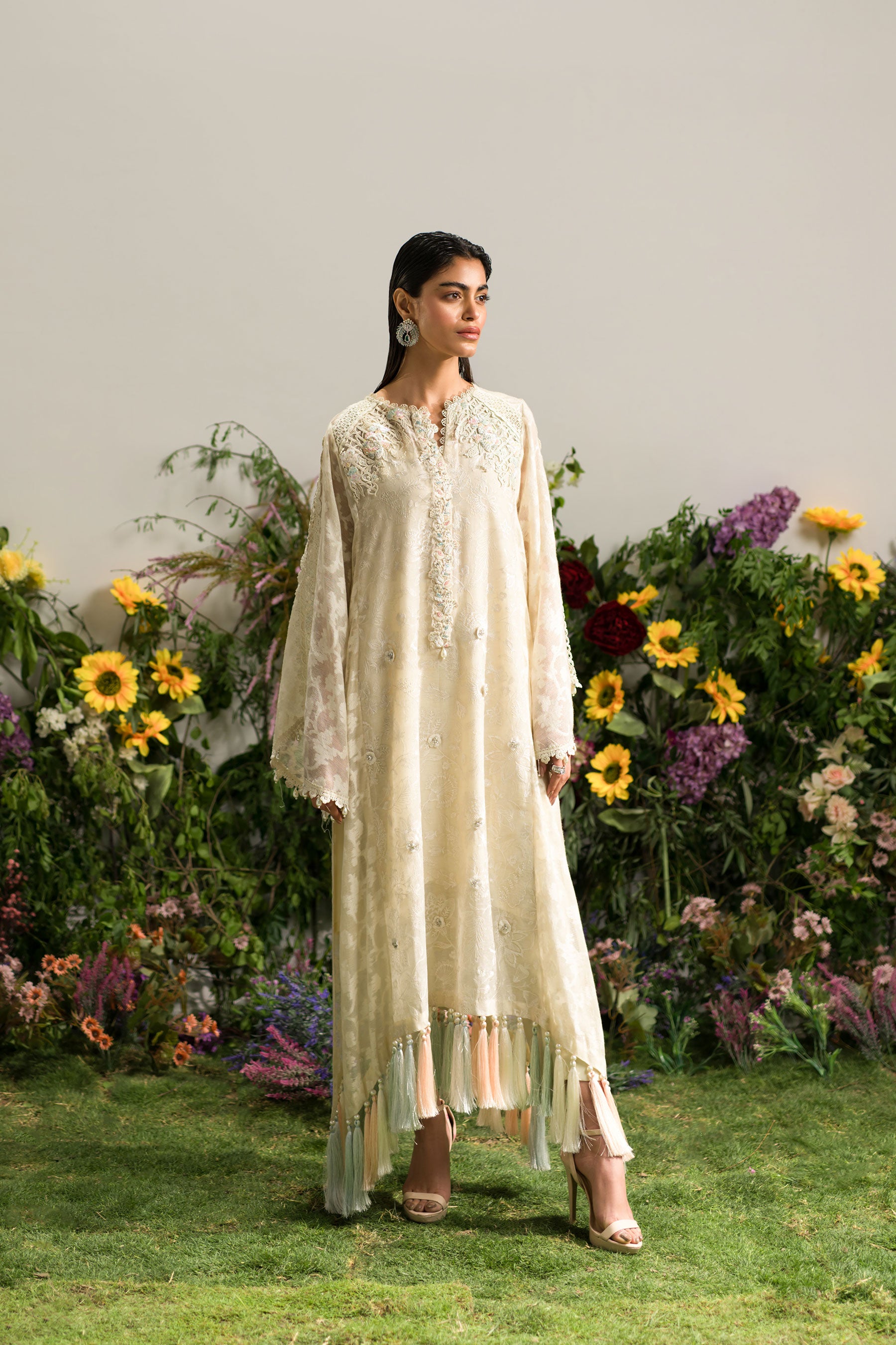 Ivory Hand-Embellished Khaddi Net Kaftan (3-Piece) - Image 7