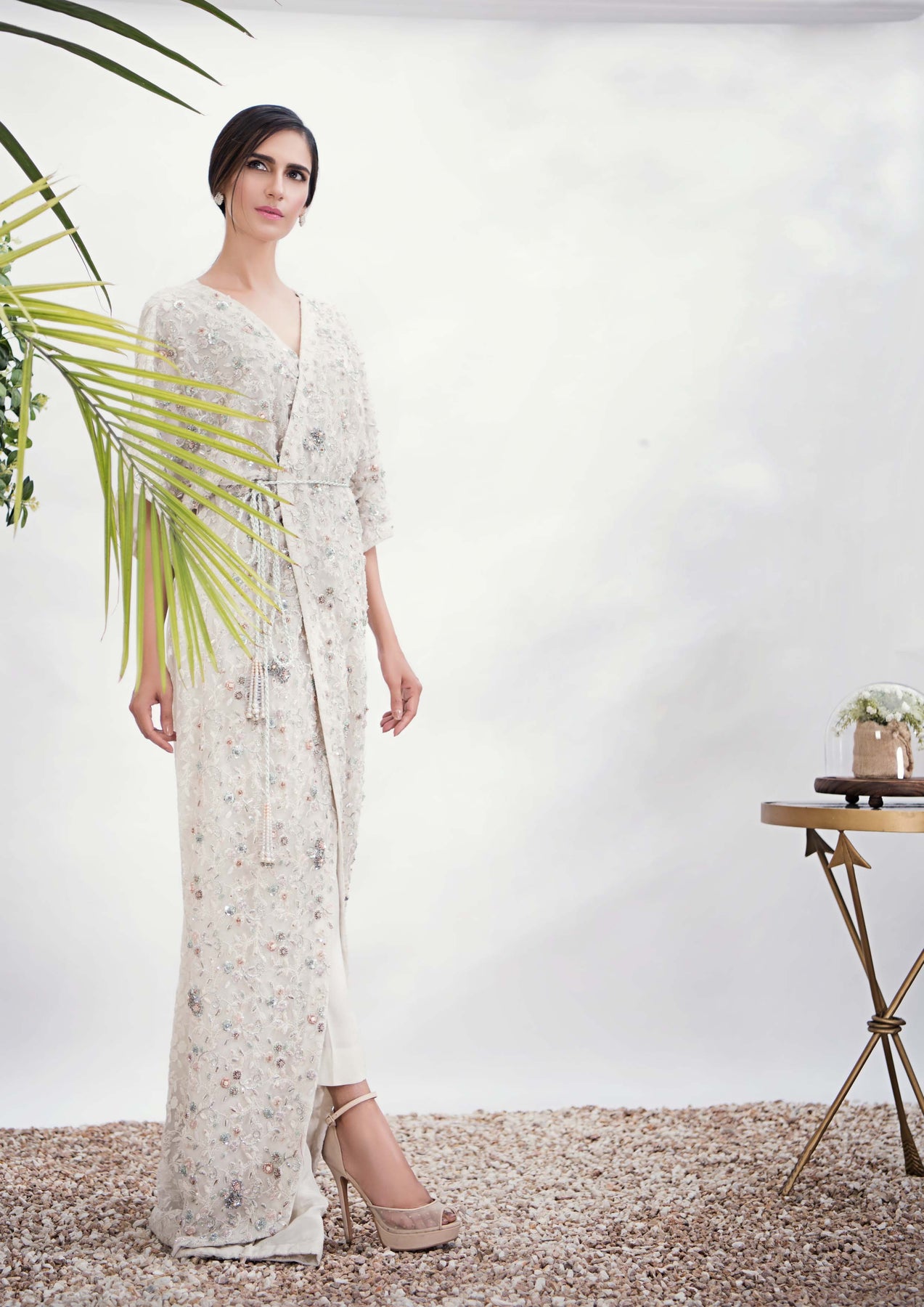 Off-White Embroidered Net Kaftan (2-Piece) - Image 2