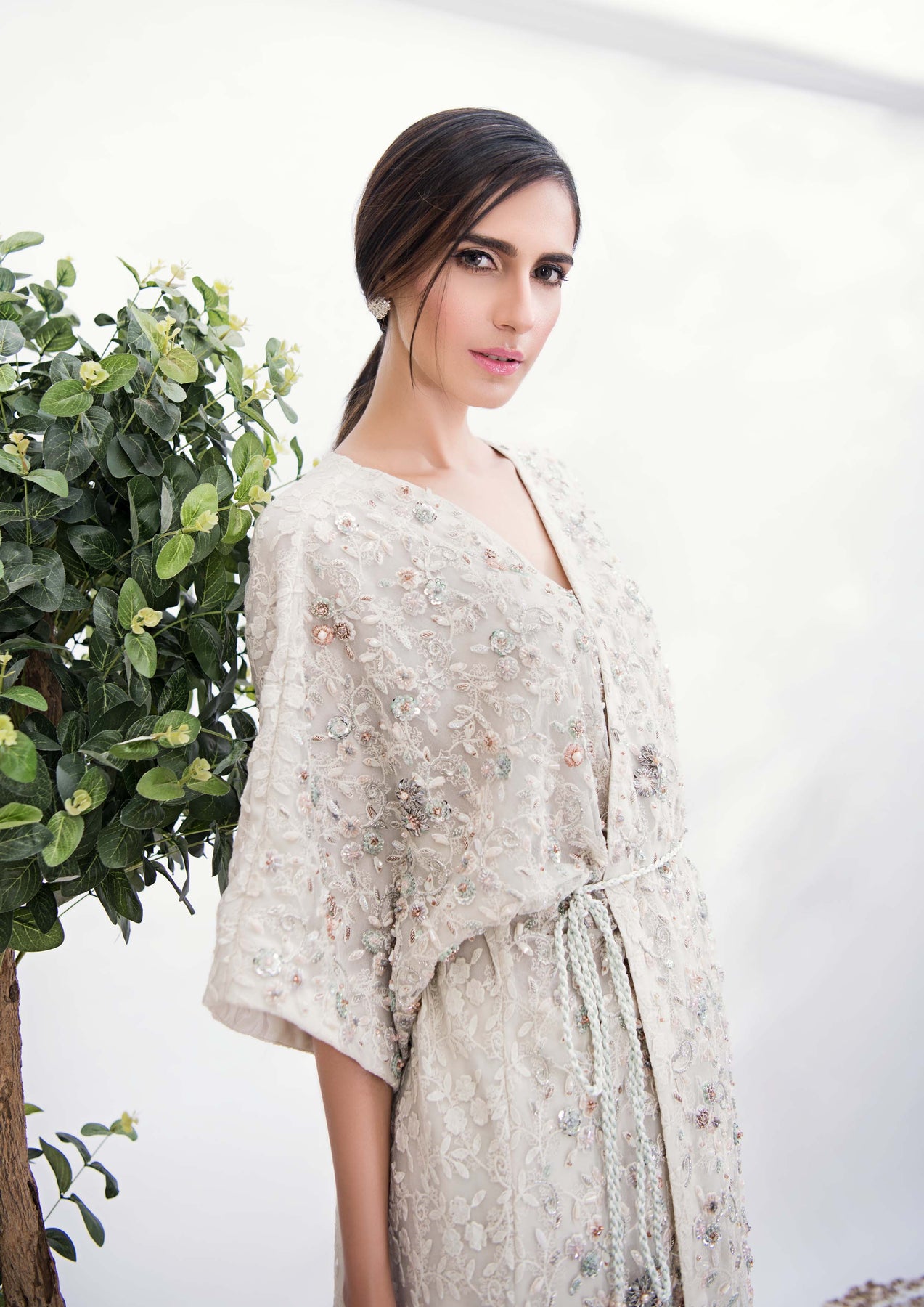 Off-White Embroidered Net Kaftan (2-Piece) - Image 3
