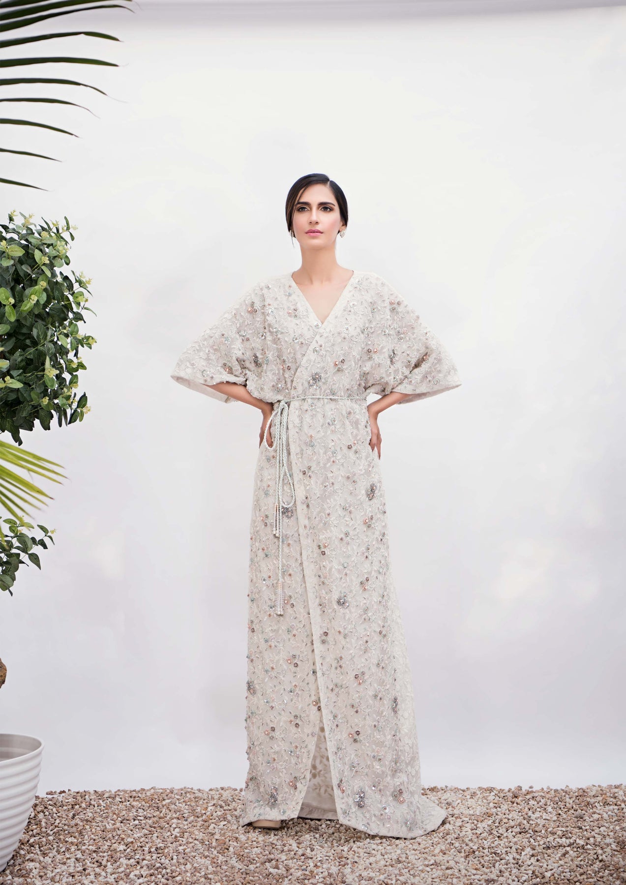 Off-White Embroidered Net Kaftan (2-Piece) - Image 5
