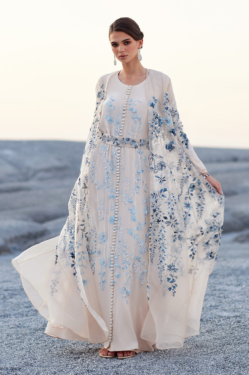 Almond White Embroidered Organza Kalidar Kaftan (3-Piece) - Image 1