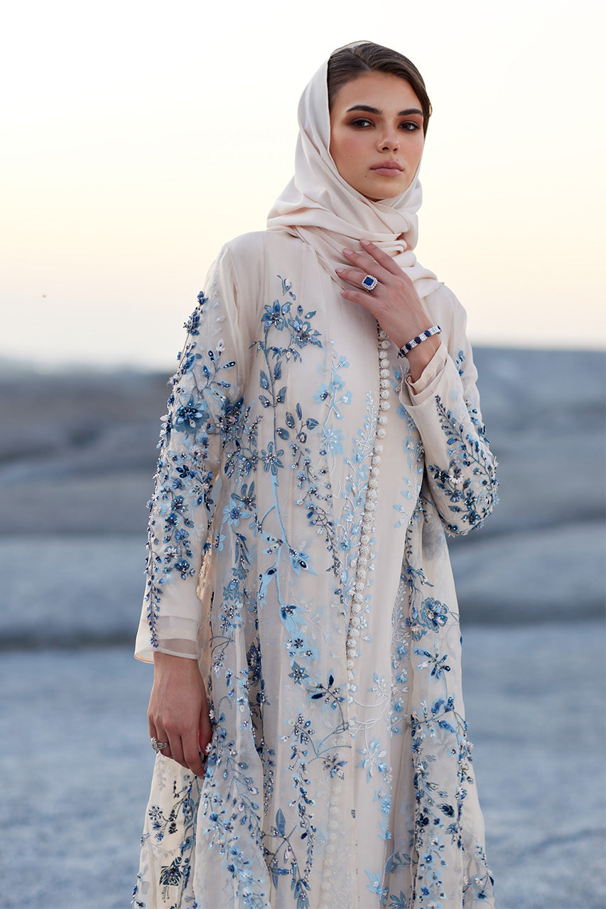 Almond White Embroidered Organza Kalidar Kaftan (3-Piece) - Image 3