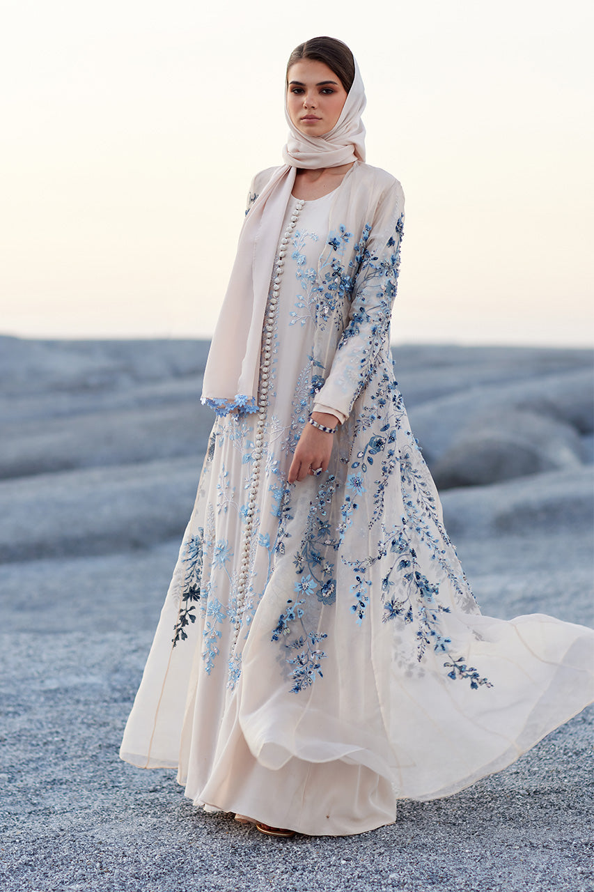 Almond White Embroidered Organza Kalidar Kaftan (3-Piece) - Image 4