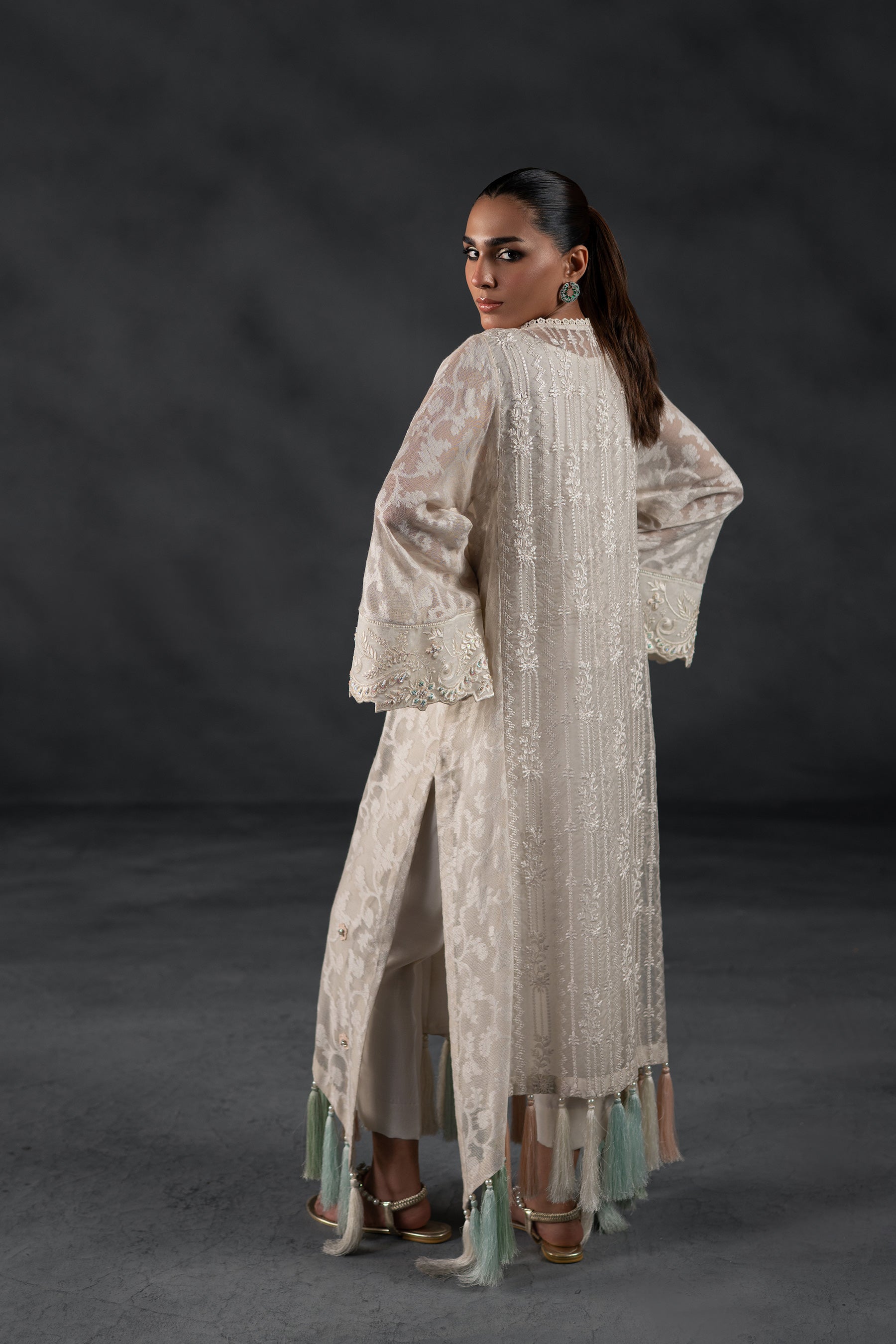 Pakistani Ivory Embroidered Organza & Khaddi Net Kaftan (2-Piece) - Image 2