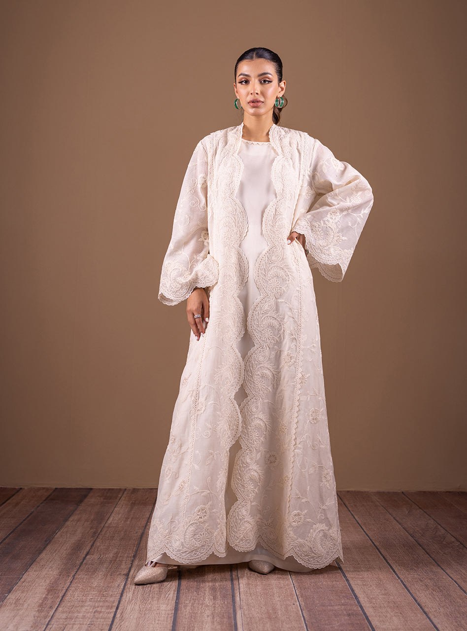 Pakistani Ivory Hand-Embroidered Organza Long Jacket Kaftan (1-Pc) - Image 4