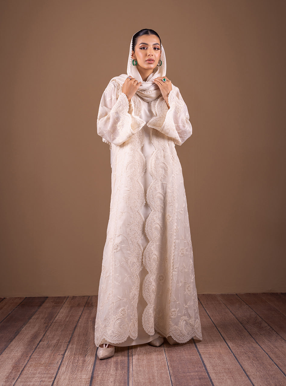 Pakistani Ivory Hand-Embroidered Organza Kaftan Jacket (1-Pc) - Image 1