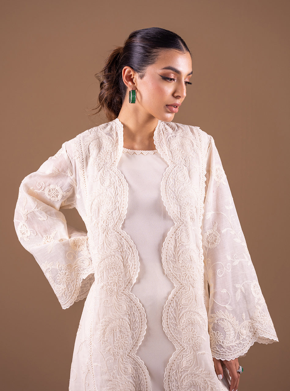 Pakistani Ivory Hand-Embroidered Organza Kaftan Jacket (1-Pc) - Image 2