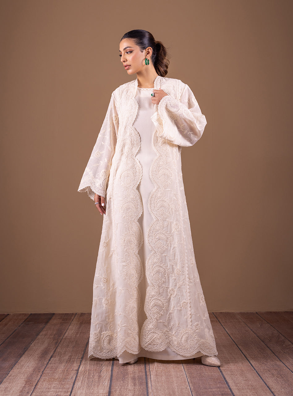 Pakistani Ivory Hand-Embroidered Organza Kaftan Jacket (1-Pc) - Image 3