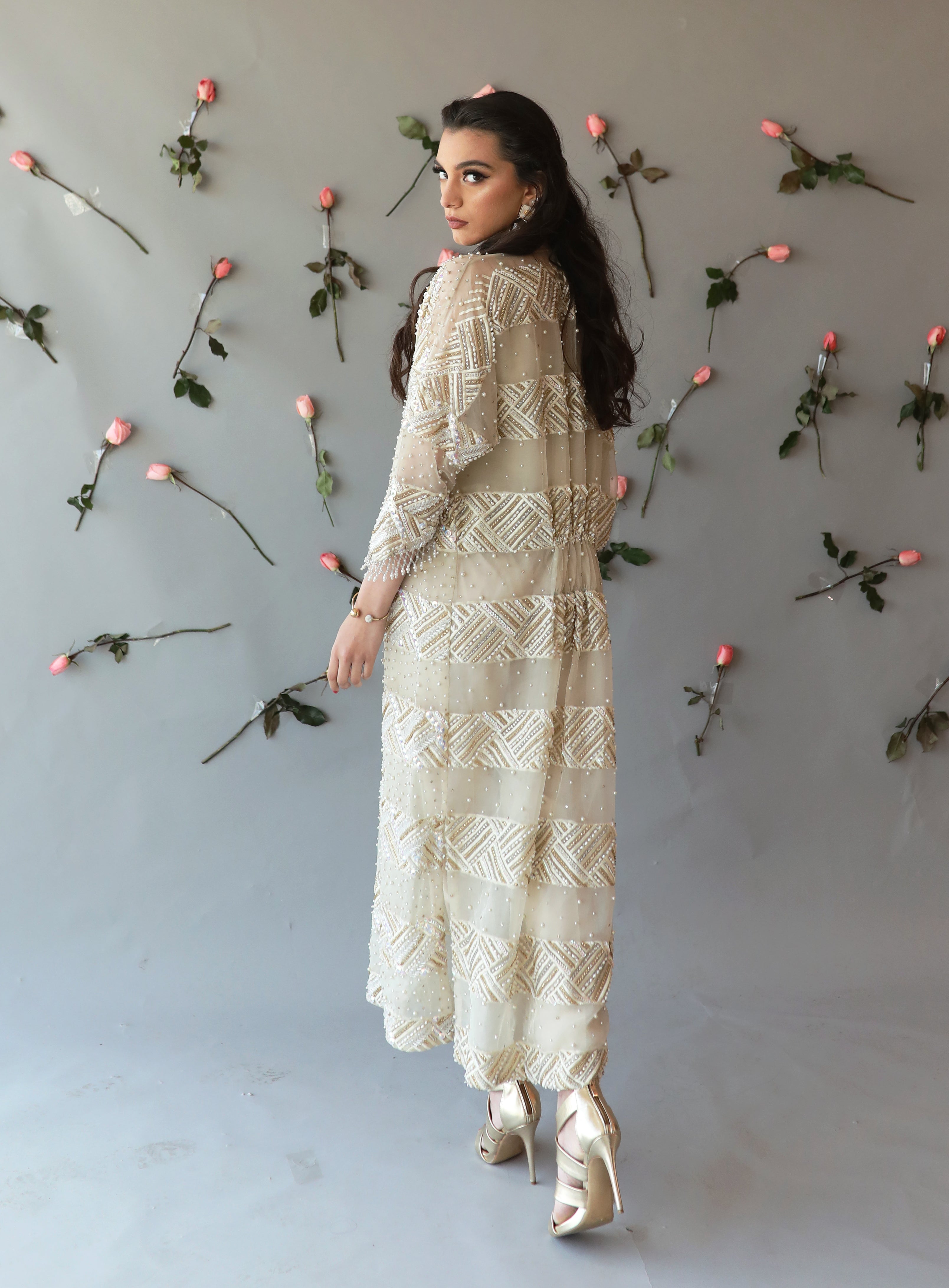 Pakistani Ivory Beaded Organza & Silk Kaftan (3-Piece) - Image 3