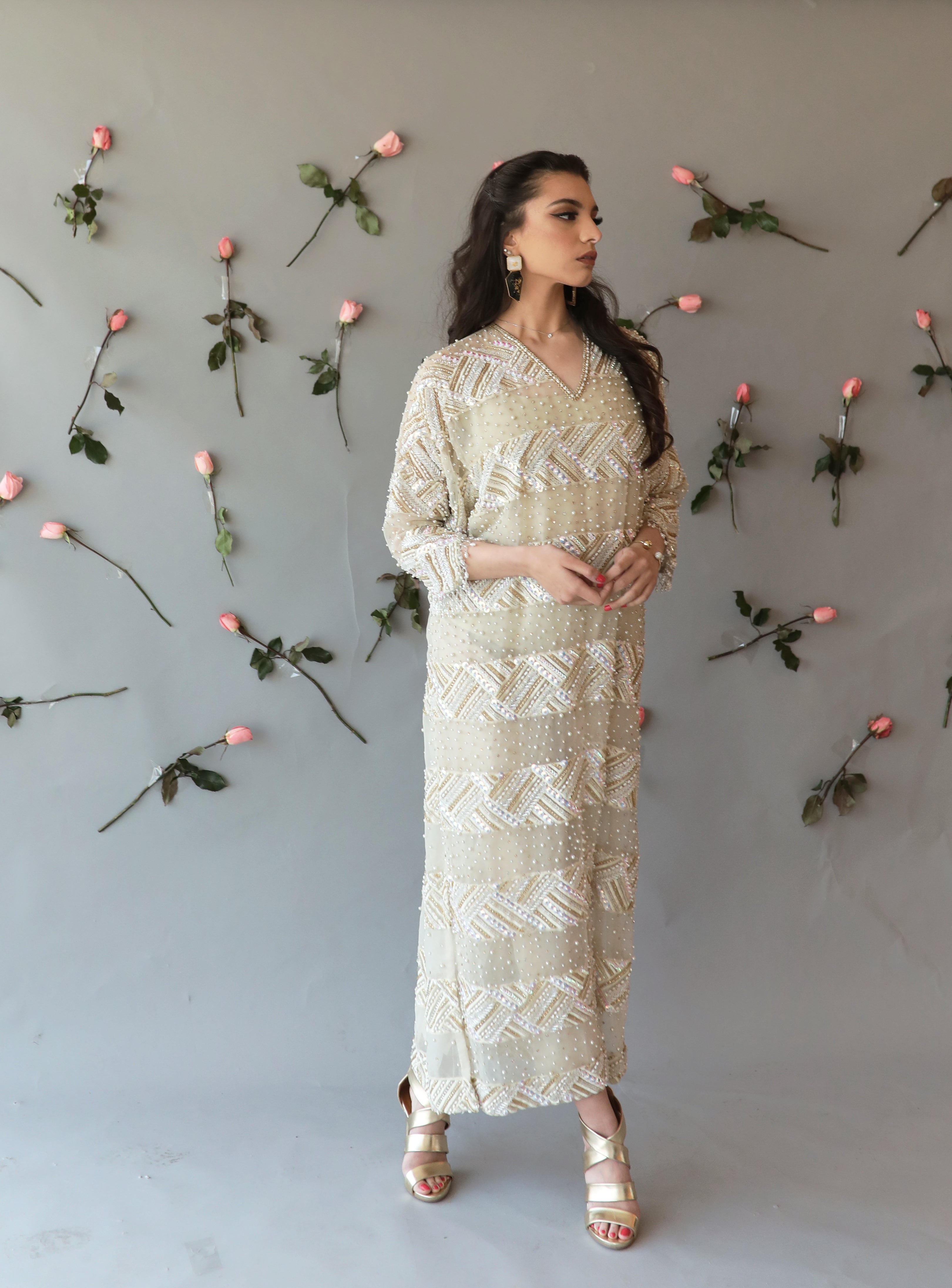 Pakistani Ivory Beaded Organza & Silk Kaftan (3-Piece) - Image 4