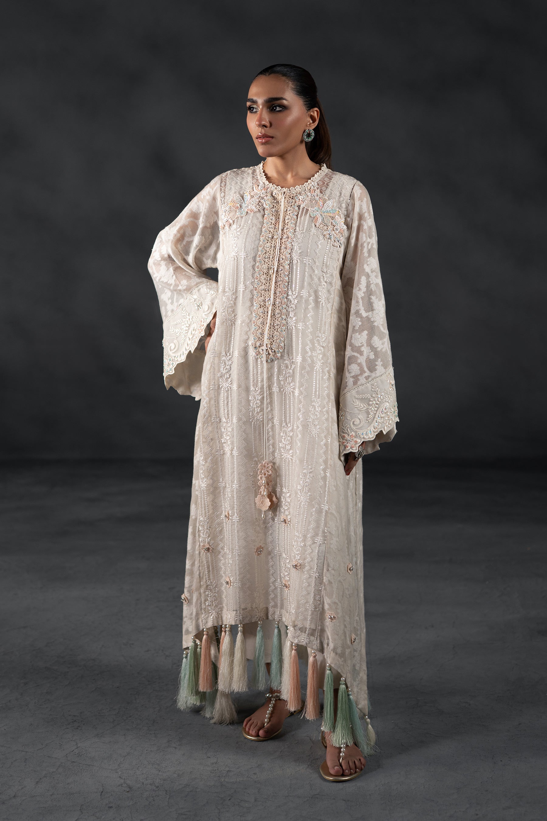 Pakistani Ivory Embroidered Organza & Khaddi Net Kaftan (3-Piece) - Image 1