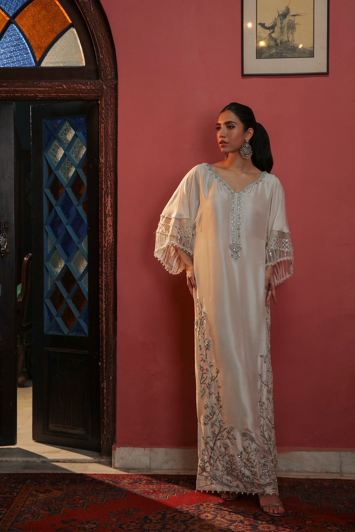 Off White Embellished Raw Silk Kaftan (2-Piece) - Image 1